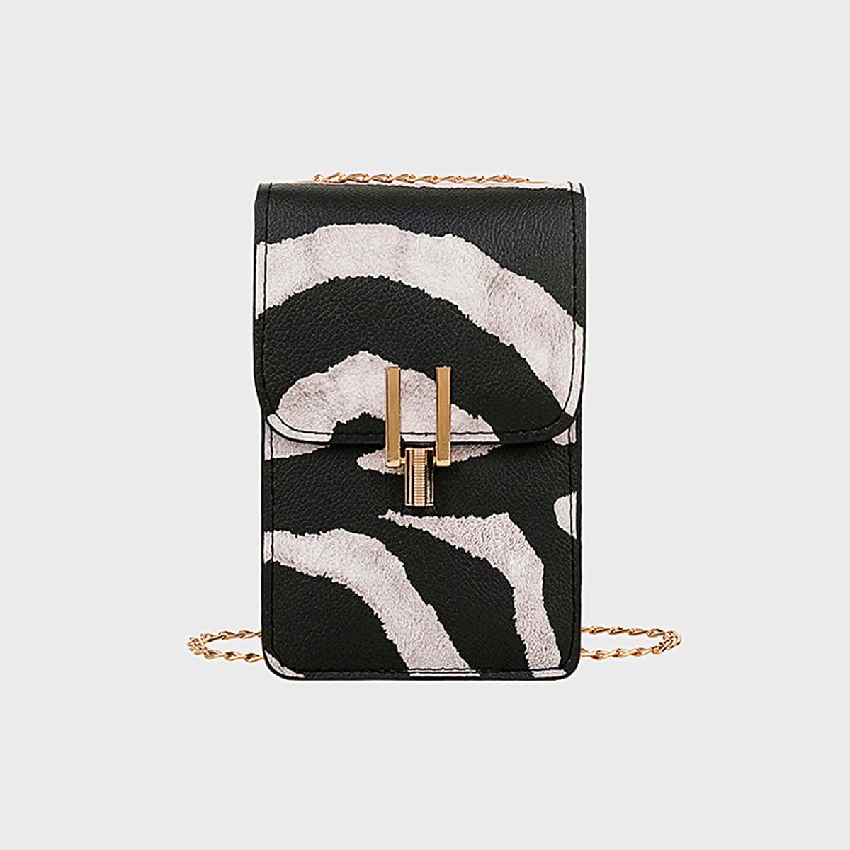 

Zebra Striped Crossbody Phone Bag, Black and white