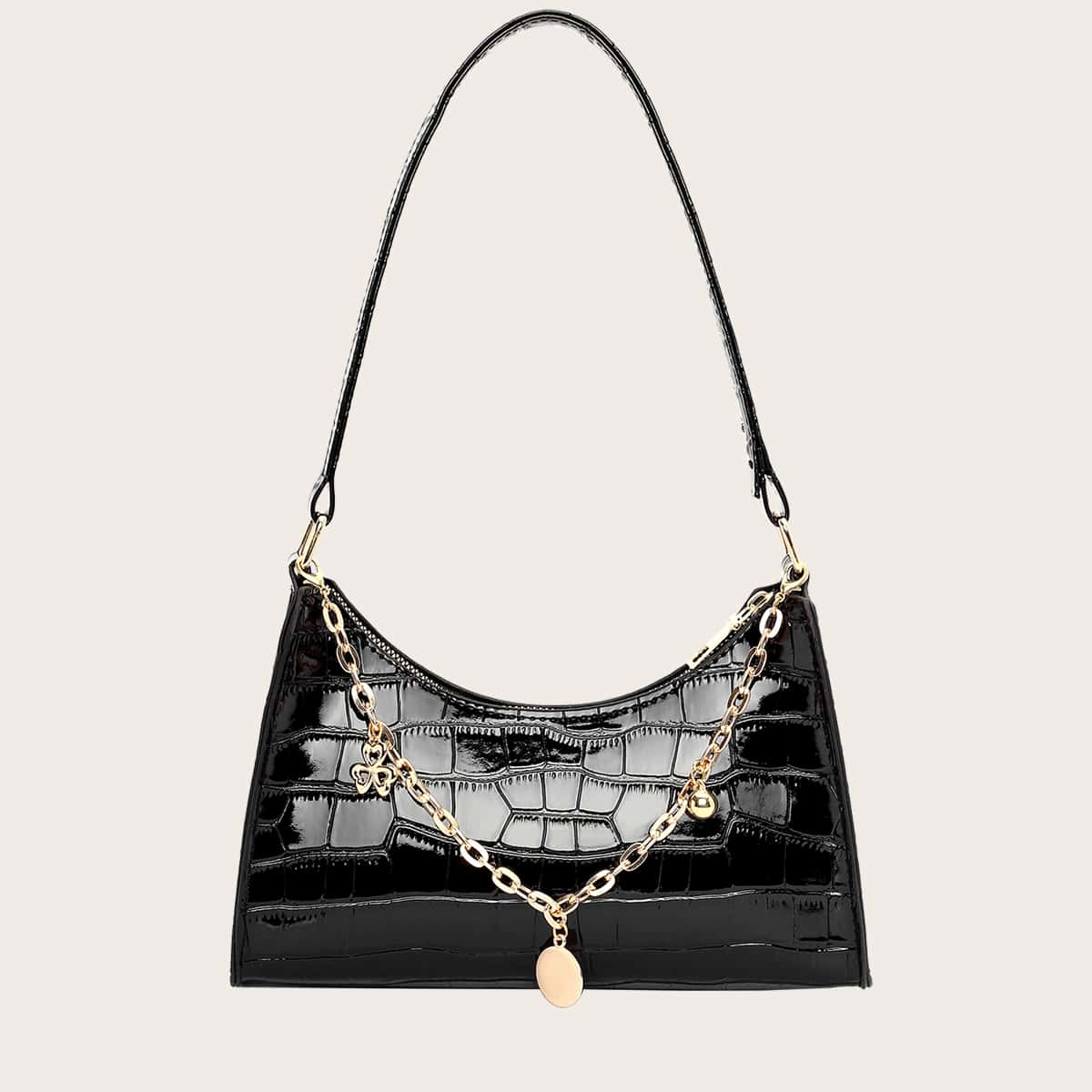 

Chain Decor Croc Embossed Baguette Bag, Black