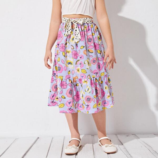 

Girls Floral Ruffle Hem Skirt With Belt, Multicolor