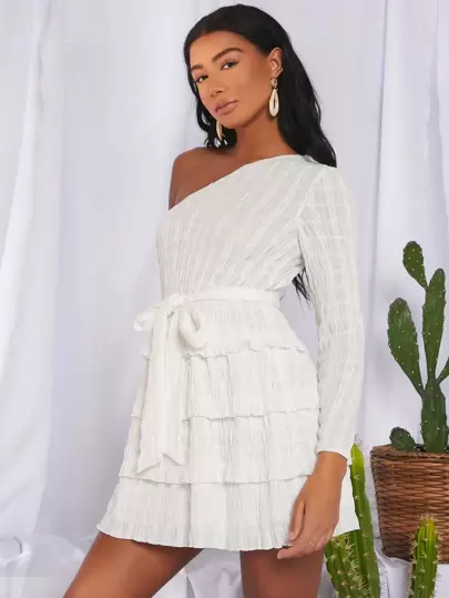 SHEIN One Shoulder Belted Layered Hem Dress