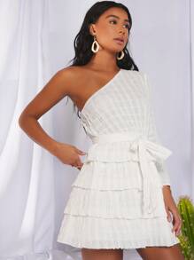 SHEIN 單肩腰帶多層下擺洋裝 - 米色 - 查看 4