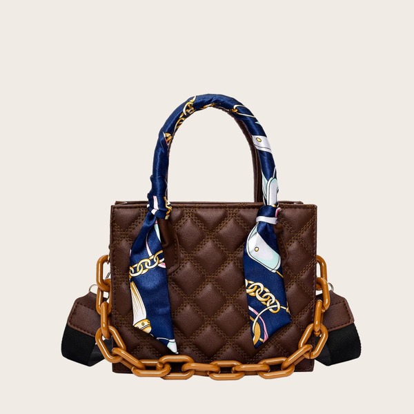 

Twilly Scarf Decor Quilted Satchel Bag, Brown