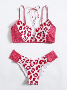 夏季海灘度假豹紋比基尼套裝 - 粉色 - 查看 1