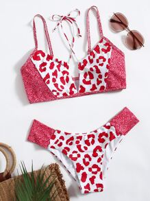 夏季海灘度假豹紋比基尼套裝 - 粉色 - 查看 3