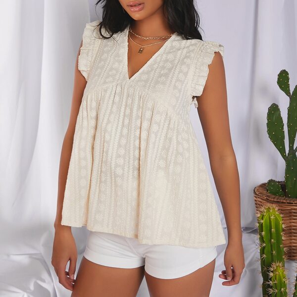 

V-neck Ruffle Armhole Embroidery Babydoll Top, Beige