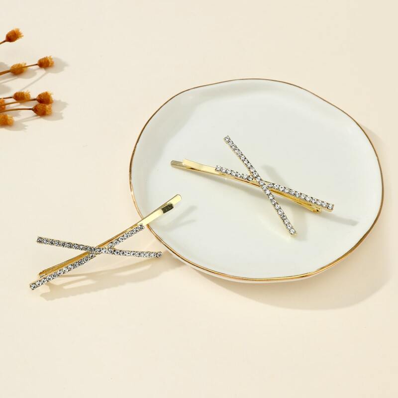 

2pcs Rhinestone Hair Clip, Gold