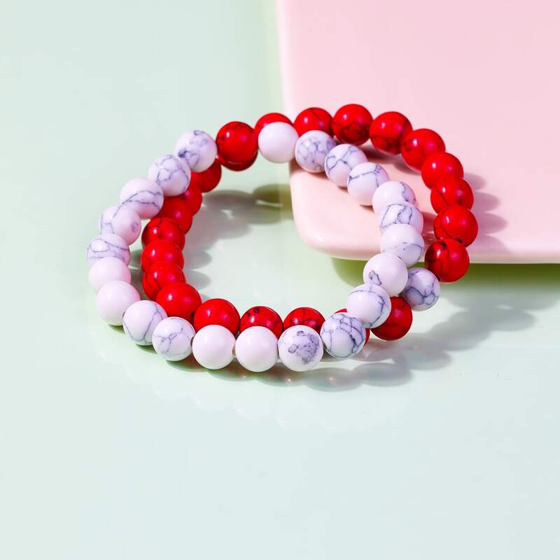 

2pcs Marble Pattern Beaded Bracelet, Multicolor
