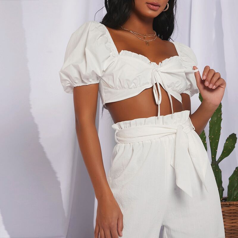 

Frill Trim Puff Sleeve Knot Front Crop Top, White