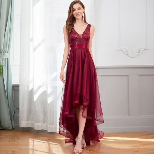 

Sequin Embroidered Floral High Low Mesh Prom Dress, Burgundy