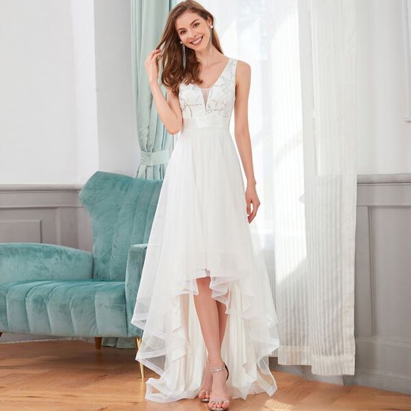 

Sequin Embroidered Floral High Low Mesh Prom Dress, White