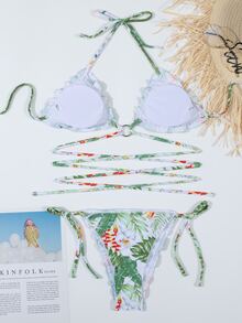 Tropical Lettuce Trim Tie Side Bikini Set - Multicolor - View 2