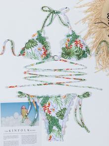 Tropical Lettuce Trim Tie Side Bikini Set - Multicolor - View 3