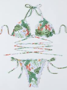 Tropical Lettuce Trim Tie Side Bikini Set - Multicolor - View 6
