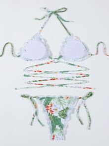 Tropical Lettuce Trim Tie Side Bikini Set - Multicolor - View 7