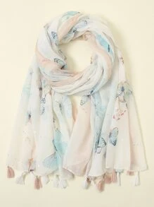 流蘇吊墜蝴蝶圖案絲巾 - 彩色 - 查看 1