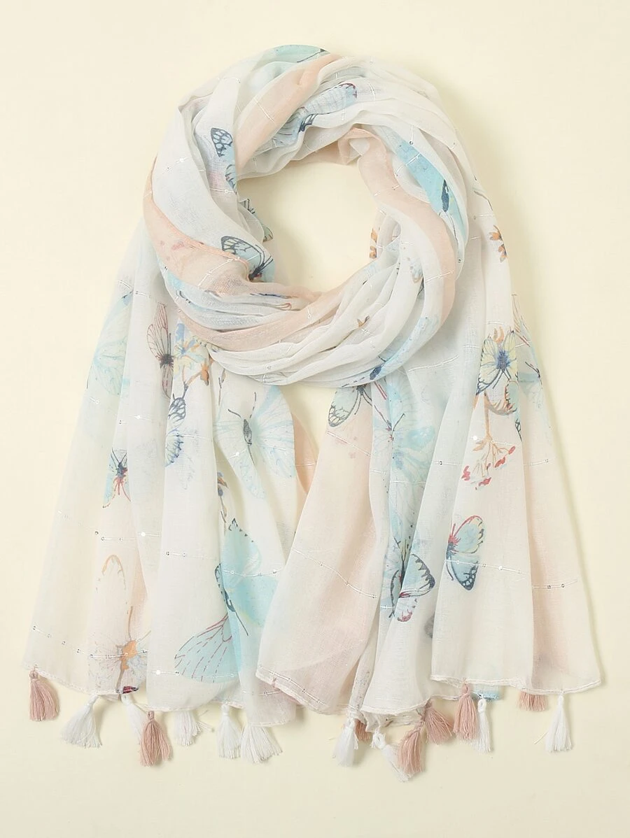 流蘇吊墜蝴蝶圖案絲巾 - 彩色 - 查看 1
