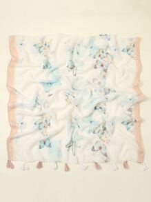 流蘇吊墜蝴蝶圖案絲巾 - 彩色 - 查看 2