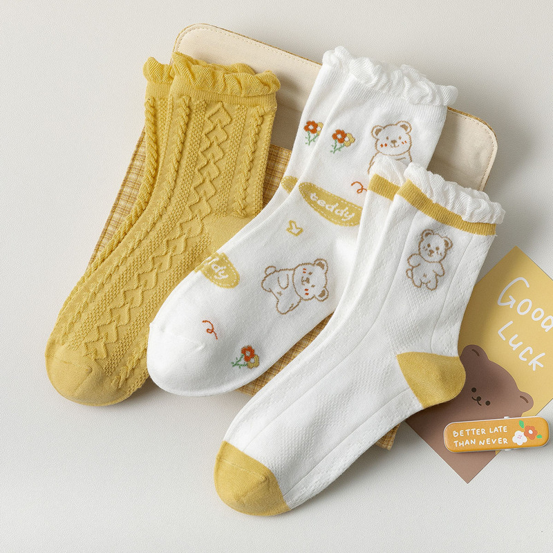 

3pairs Cartoon Bear Crew Socks, Multicolor