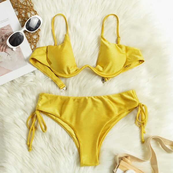 

Satin Underwire Tie Side Bikini Swimsuit, Gold