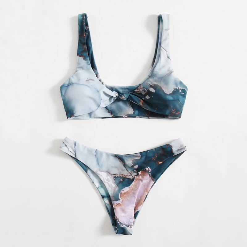 

Marble Print Knot Front Bikini Swimsuit, Multicolor