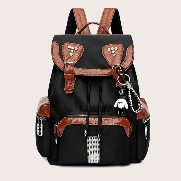

Rhinestone Studded Flap Backpack, Brown