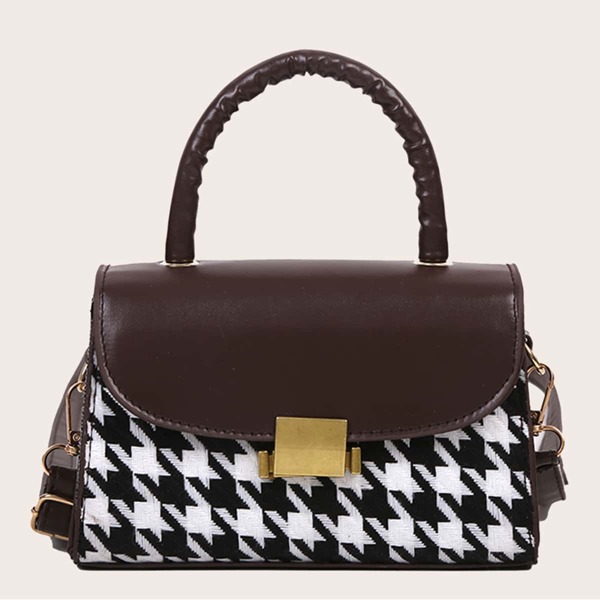 

Houndstooth Top Handle Satchel Bag, Coffee brown