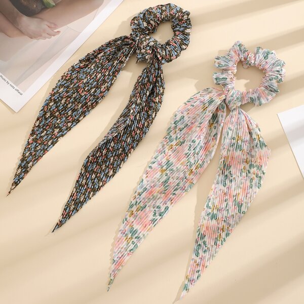 

2pcs Floral Print Scarf Hair Tie, Multicolor