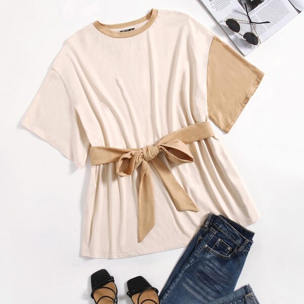 

Plus Drop Shoulder Belted Tee, Beige