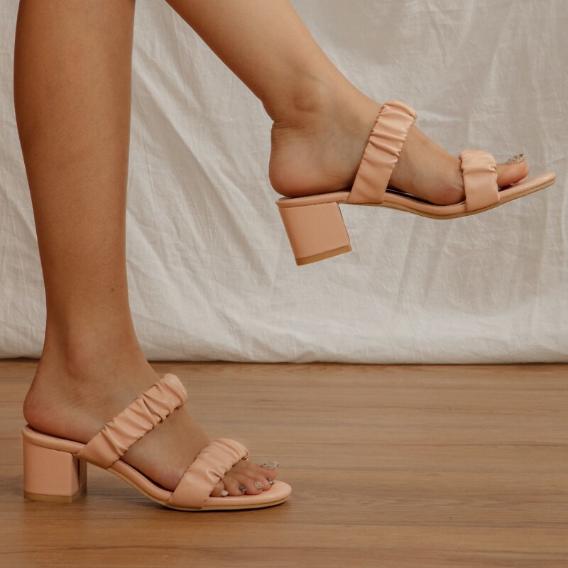 

Ruched Strap Chunky Heeled Mule Sandals, Pink