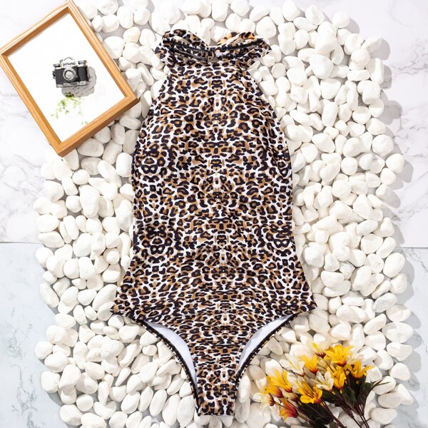 

Leopard Halter One Piece Swimsuit, Multicolor