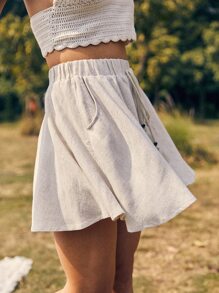 Breezaya 素色流蘇繫帶傘擺短褲 - 卡其色 - 查看 3