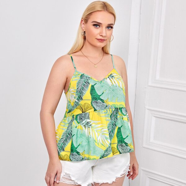

Plus Leaf Print Ruffle Hem Cami Top, Multicolor