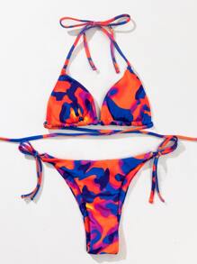 SHEIN Swim Summer Beach Camo Print Bikini Set Halter Triangle Bra & Tie Side Bottom 2 Pieces Bikini - Multicolor - View 1