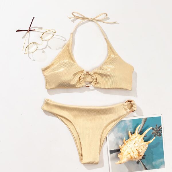 

Ring Linked Halter Bikini Swimsuit, Beige