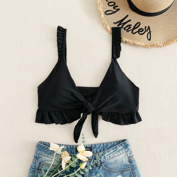 

Knot Front Ruffle Hem Bikini Top, Black