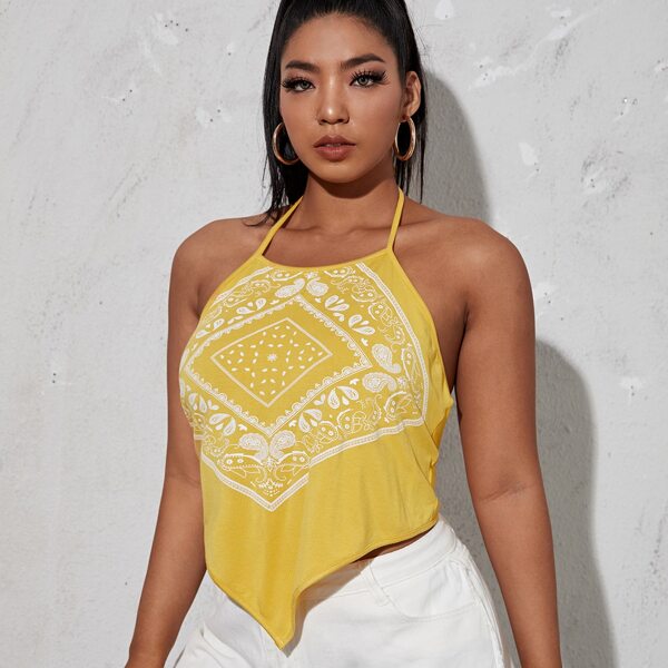 

Plus Paisley Scarf Print Tie Backless Halter Top, Yellow