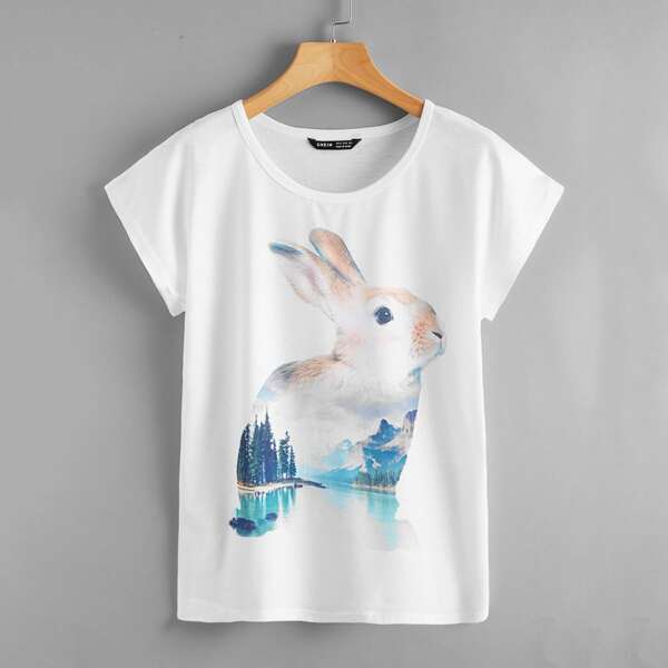 

Rabbit & Graphic Print Tee, White