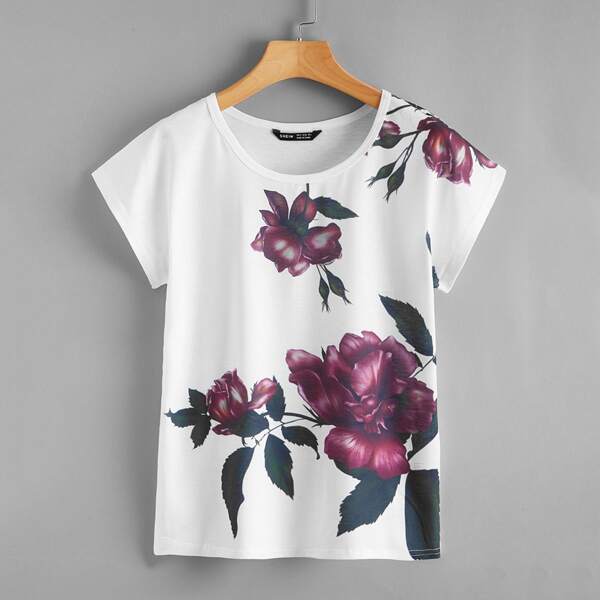 

Round Neck Floral Print Tee, White