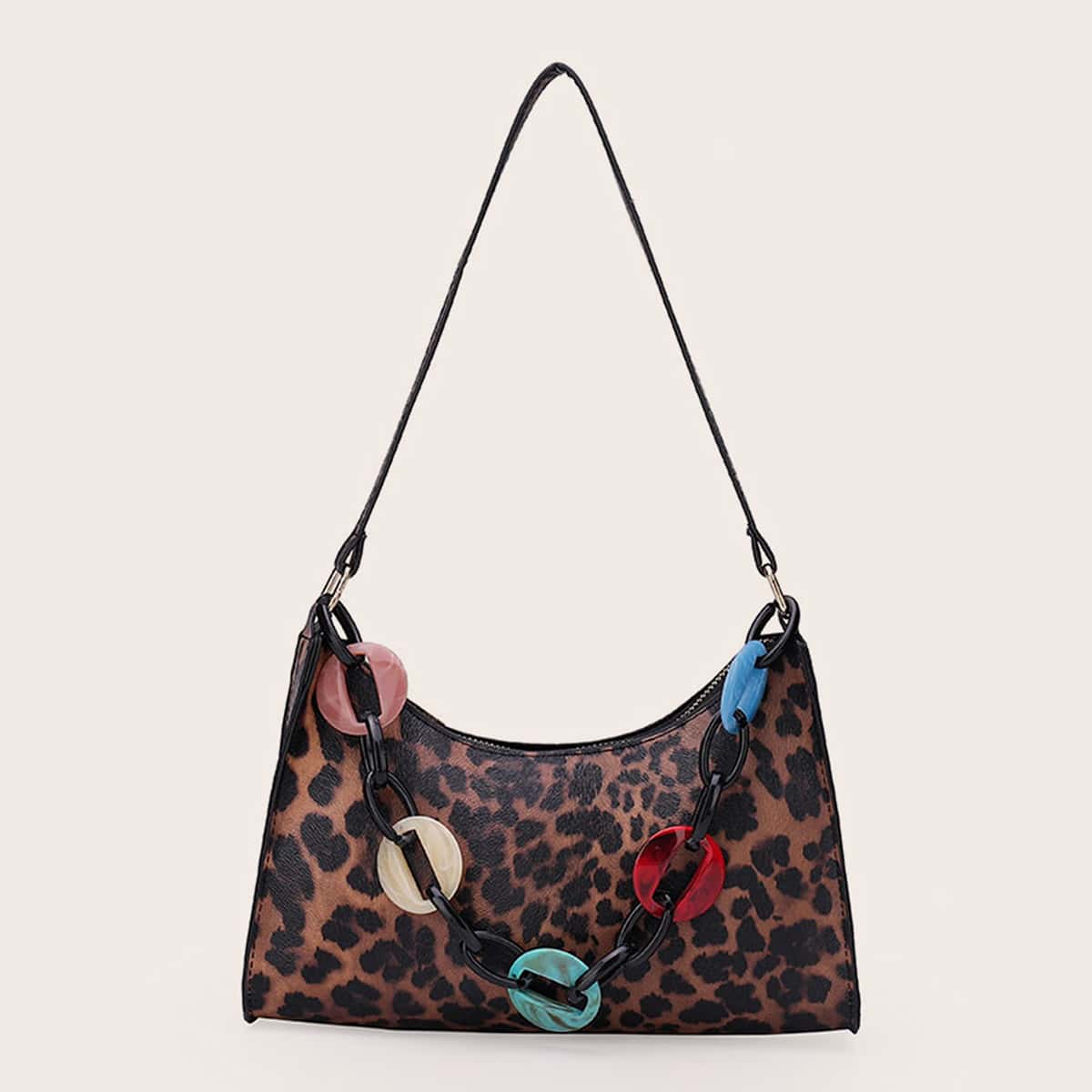 

Chain Decor Leopard Baguette Bag, Brown