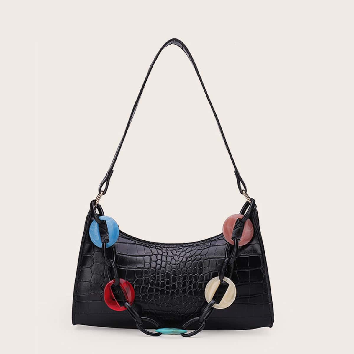 

Chain Decor Croc Embossed Baguette Bag, Black