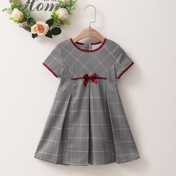 

Toddler Girls Houndstooth Print Bow Front Zipper Back Smock Dress, Dark grey