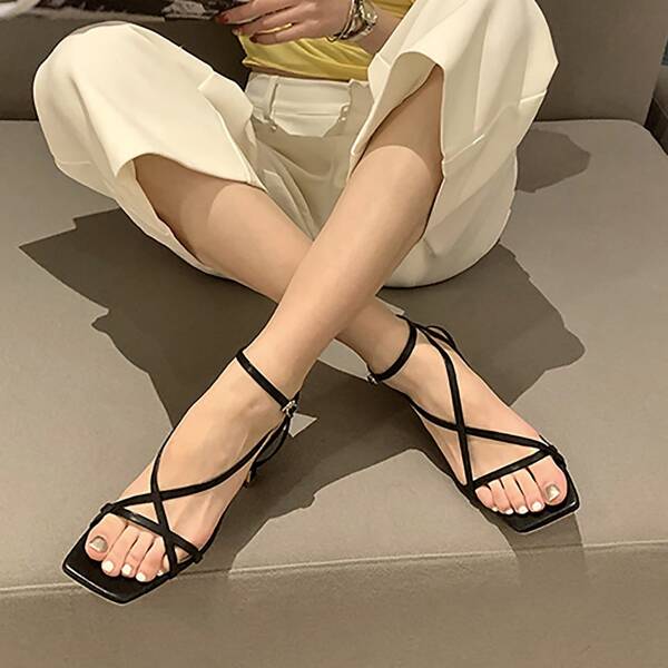 

Thin Strap Sculptural Heeled Sandals, Black