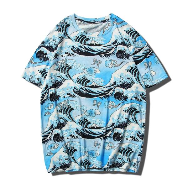 

Men Waves And Butterfly Print Tee, Multicolor