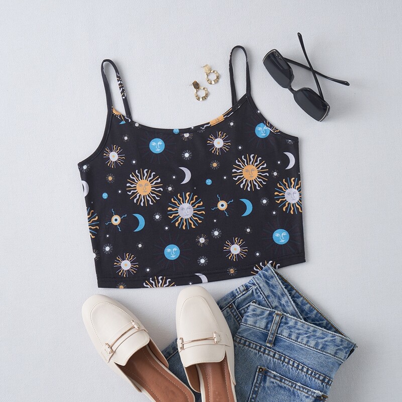 

Graphic Print Crop Cami Top, Black