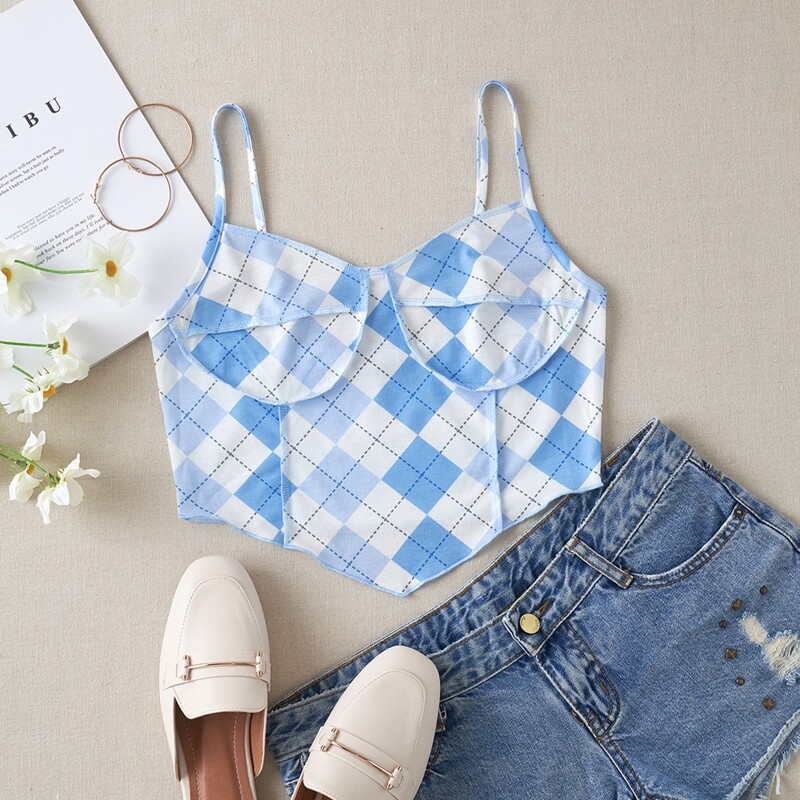 

Asymmetric Hem Plaid Cami Top, Blue and white