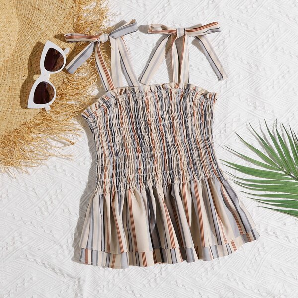 

Knot Shoulder Layered Hem Shirred Striped Cami Top, Multicolor