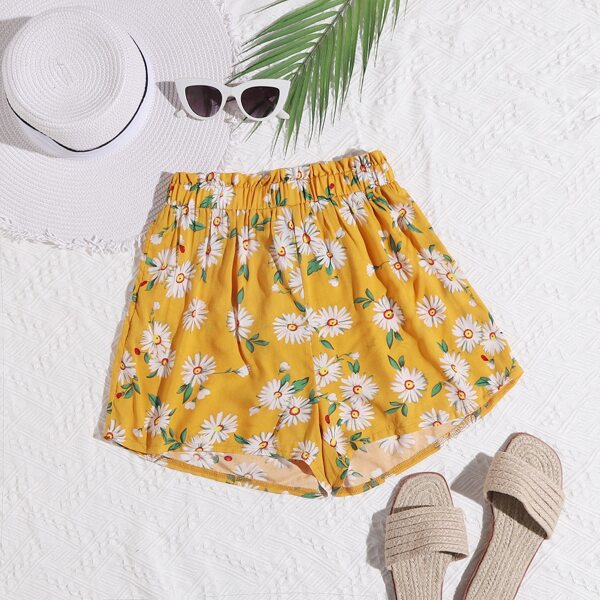 

Paperbag Waist Floral Print Shorts, Yellow
