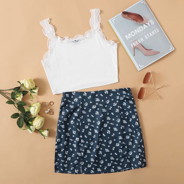 

Lace Trim Rib-knit Cami Top & Ditsy Floral Print Skirt Set, Multicolor