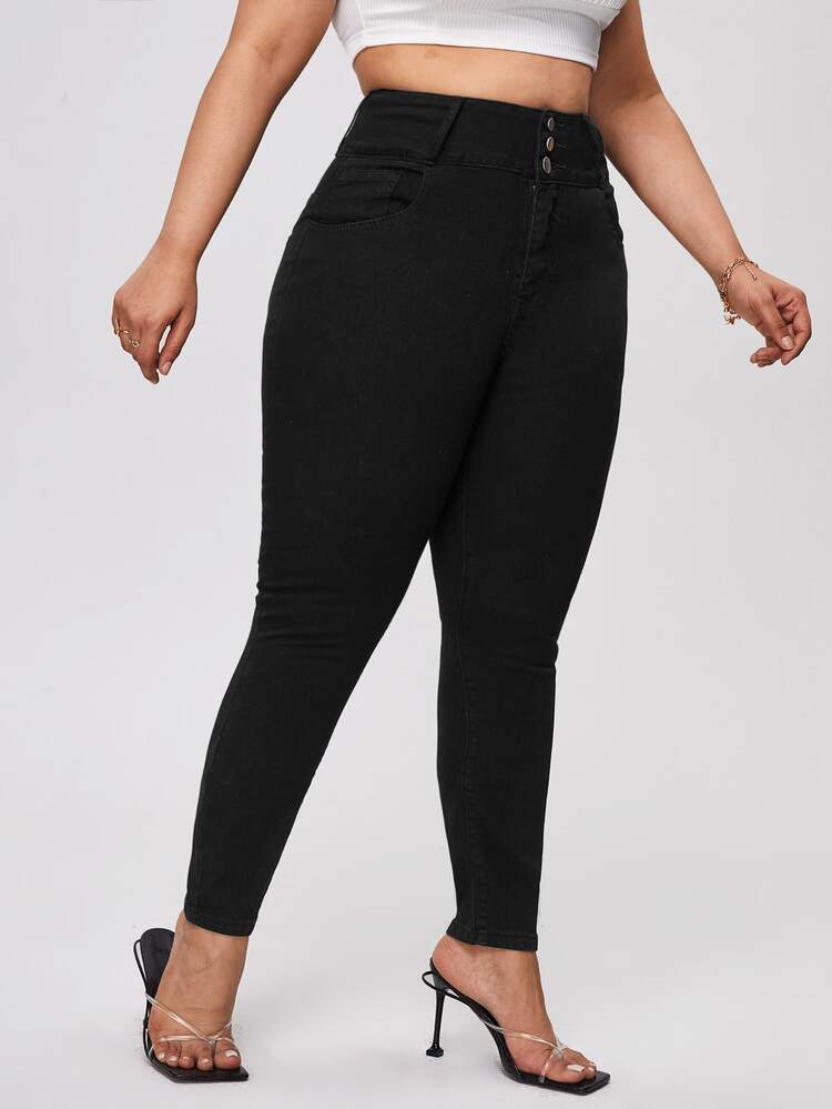 Plus Button Detail Wide Waistband Skinny Jeans - Black - View 3