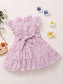 女嬰格紋圖案腰帶娃娃洋裝